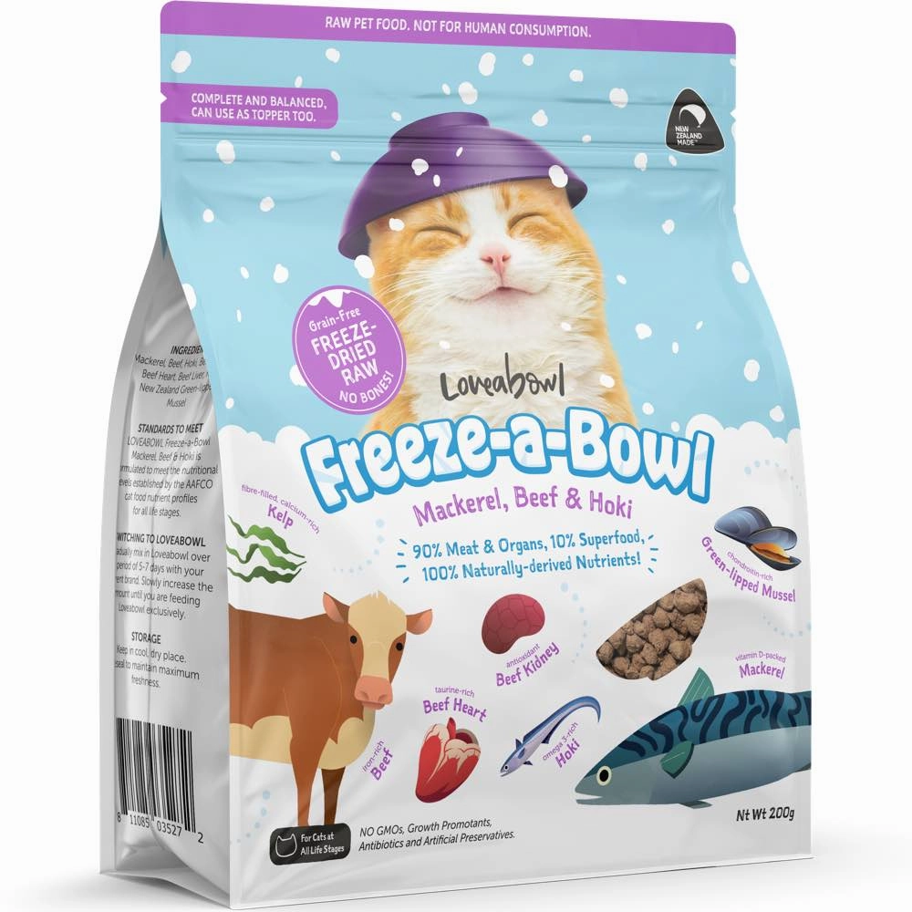 15% OFF: Loveabowl Freeze-A-Bowl Mackerel, Beef & Hoki Grain-Free Freeze-Dried Raw Cat Food