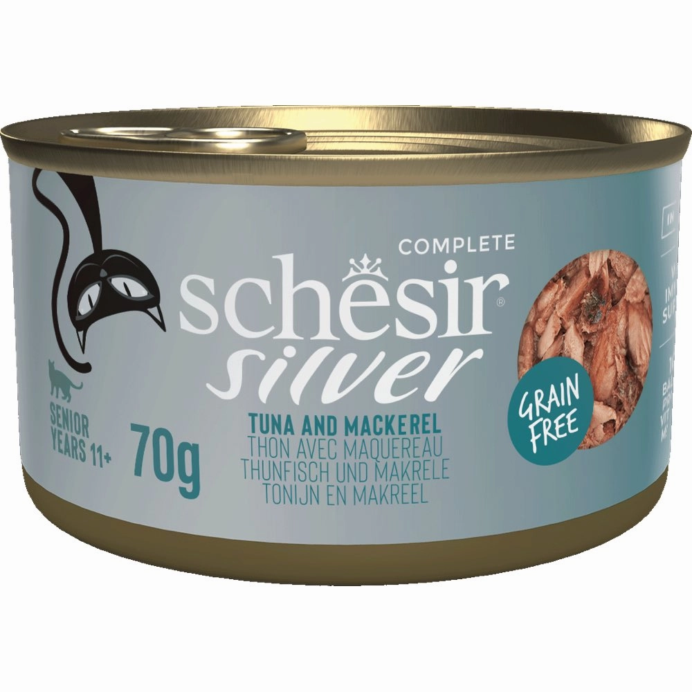 15% OFF: Schesir Silver Tuna & Mackerel in Broth Grain-Free Senior Canned Cat Food 70g