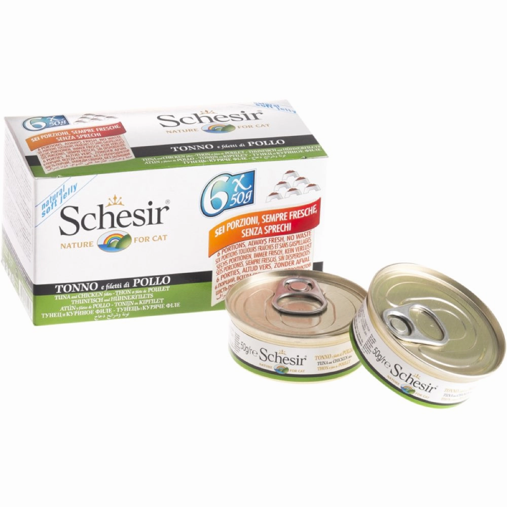 18% OFF: Schesir Tuna with Chicken Fillets in Natural Jelly Adult Canned Cat Food Multipack 50g x 6