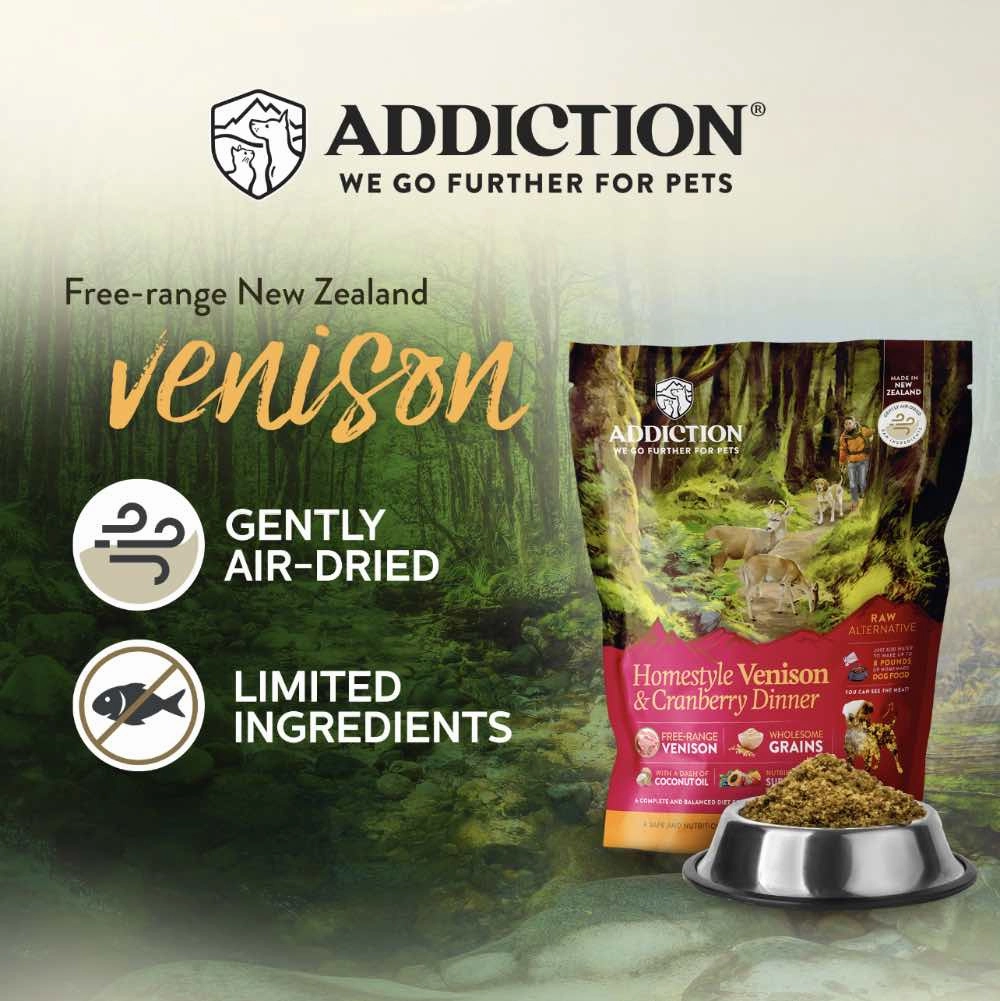 20% OFF: Addiction Homestyle Venison & Cranberry Dinner Raw Alternative Dog Food 2lb