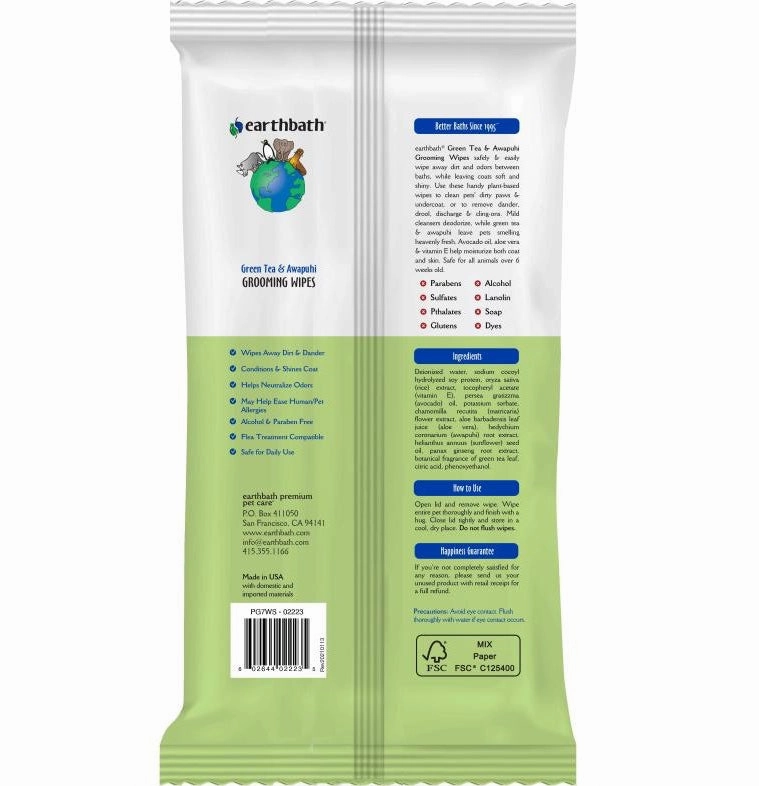 20% OFF: Earthbath Green Tea & Awapuhi Grooming Wipes for Dogs & Cats 100pc