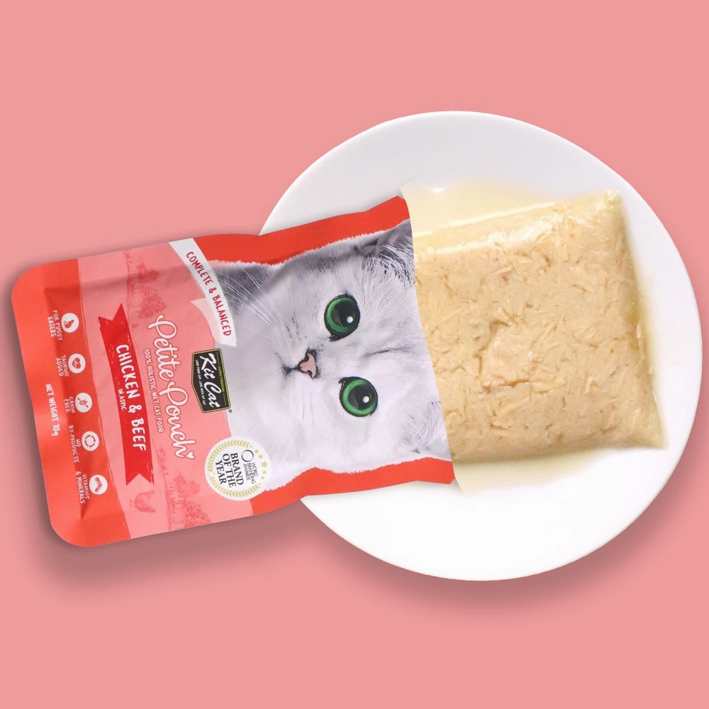30% OFF: Kit Cat Petite Pouch Chicken & Beef In Aspic Grain-Free Pouch Cat Food 70g x 12