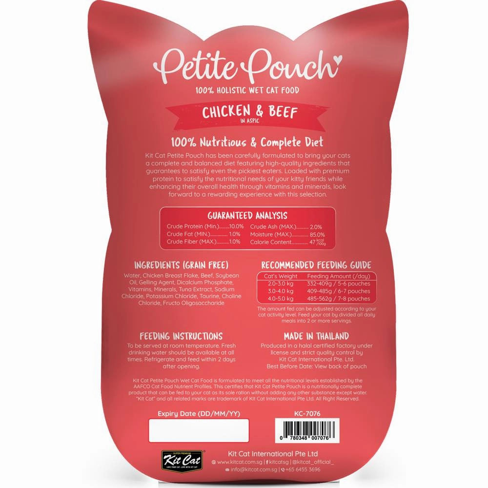 30% OFF: Kit Cat Petite Pouch Chicken & Beef In Aspic Grain-Free Pouch Cat Food 70g x 12