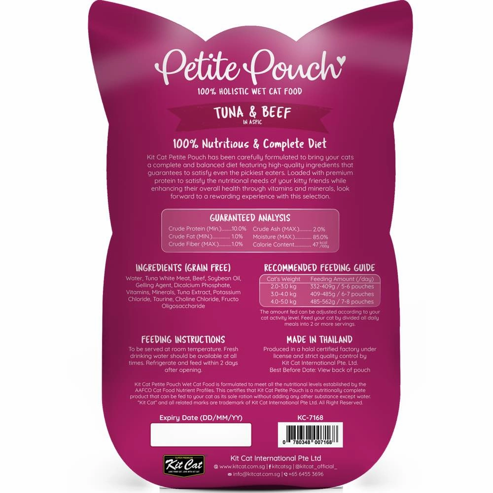 30% OFF: Kit Cat Petite Pouch Tuna & Beef In Aspic Grain-Free Pouch Cat Food 70g x 12