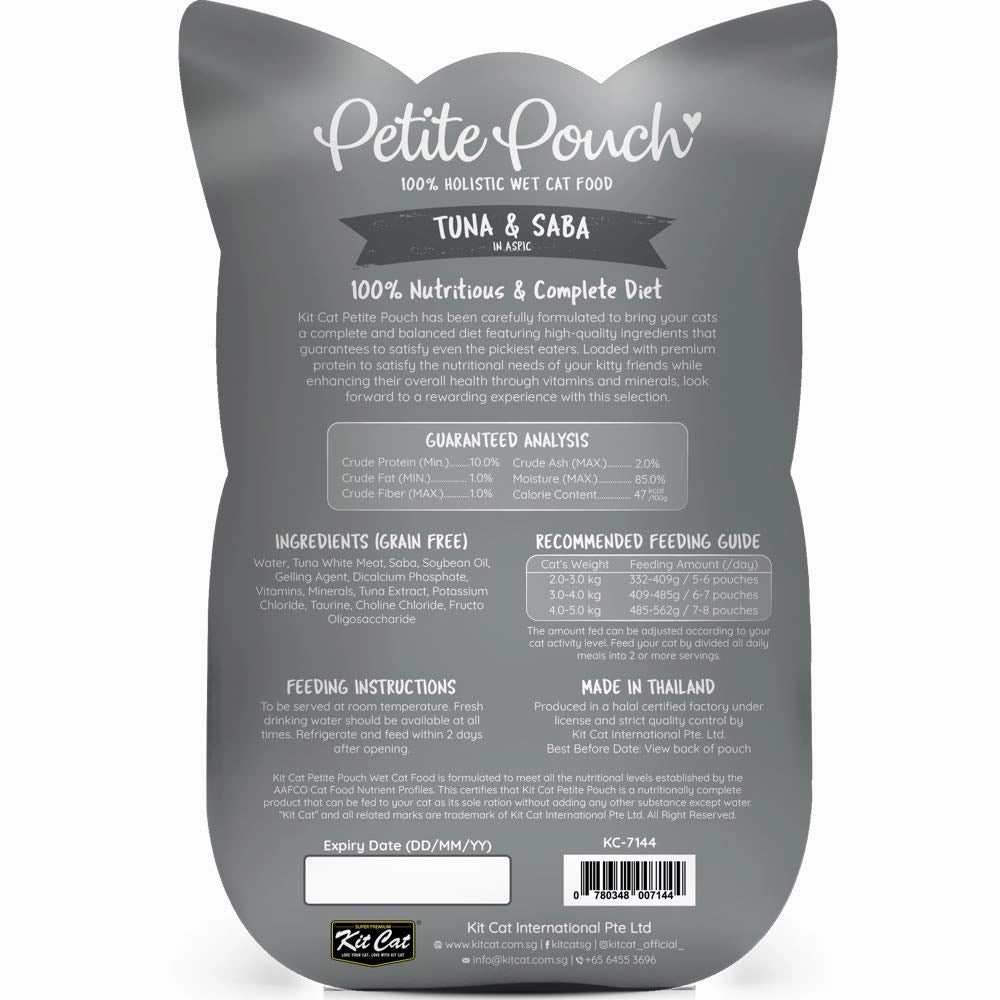 30% OFF: Kit Cat Petite Pouch Tuna & Saba In Aspic Grain-Free Pouch Cat Food 70g x 12