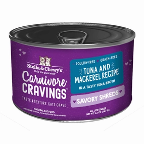 3 FOR $14.40: Stella & Chewy's Carnivore Cravings Savory Shreds Tuna & Mackerel in Broth Grain-Free Canned Cat Food 5.2oz
