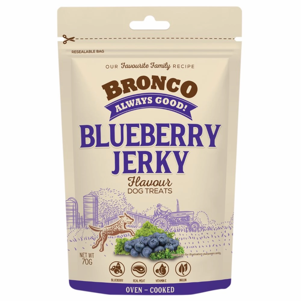 4 FOR $11.50: Bronco Jerky Blueberry Flavour Dog Treats 70g