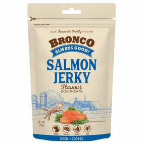 4 FOR $11.50: Bronco Jerky Salmon Flavour Chicken Dog Treats 70g