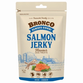 4 FOR $11.50: Bronco Jerky Salmon Flavour Chicken Dog Treats 70g