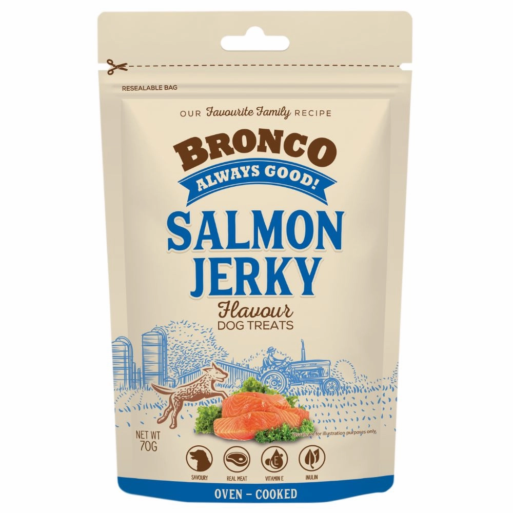 4 FOR $11.50: Bronco Jerky Salmon Flavour Chicken Dog Treats 70g
