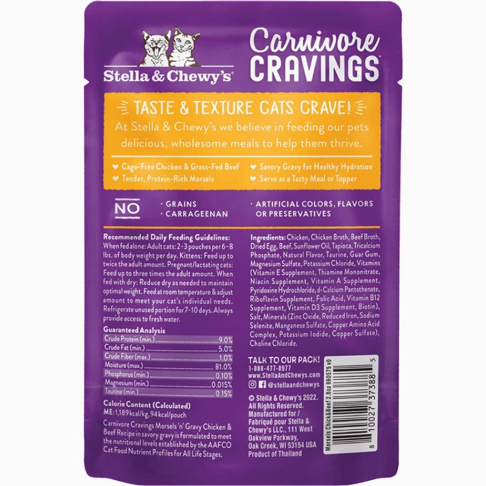 4 FOR $13.60: Stella & Chewy's Carnivore Cravings Morsels 'N' Gravy Chicken & Beef Grain-Free Pouch Cat Food 2.8oz