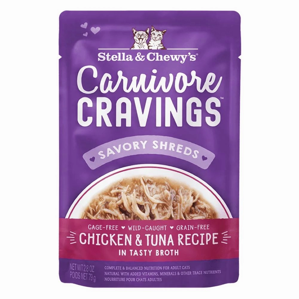 4 FOR $13.60: Stella & Chewy's Carnivore Cravings Savory Shreds Chicken & Tuna In Broth Grain-Free Pouch Cat Food 2.8oz