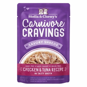 4 FOR $13.60: Stella & Chewy's Carnivore Cravings Savory Shreds Chicken & Tuna In Broth Grain-Free Pouch Cat Food 2.8oz