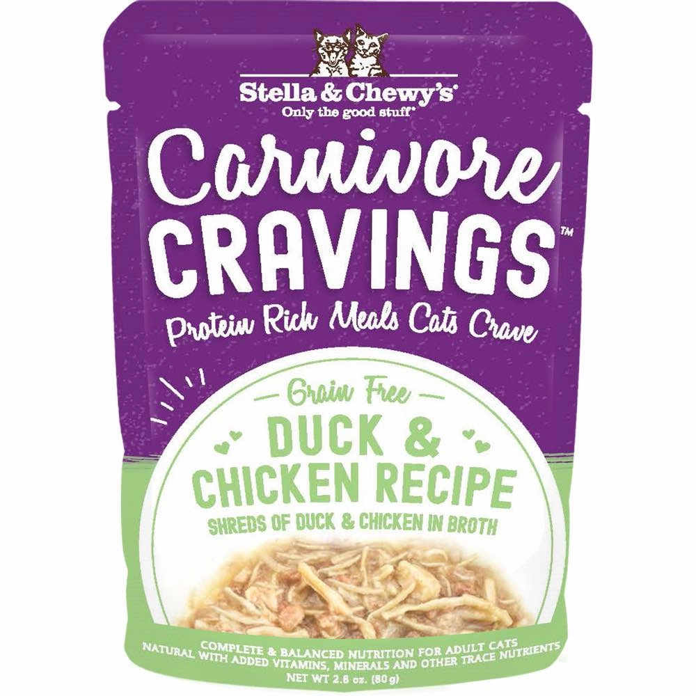 4 FOR $13.60: Stella & Chewy's Carnivore Cravings Savory Shreds Duck & Chicken In Broth Grain-Free Pouch Cat Food 2.8oz