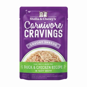 4 FOR $13.60: Stella & Chewy's Carnivore Cravings Savory Shreds Duck & Chicken In Broth Grain-Free Pouch Cat Food 2.8oz
