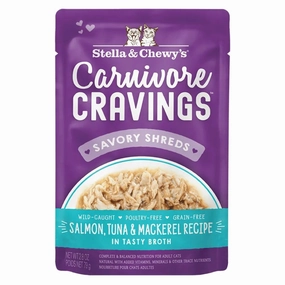 4 FOR $13.60: Stella & Chewy's Carnivore Cravings Savory Shreds Salmon, Tuna & Mackerel In Broth Grain-Free Pouch Cat Food 2.8oz