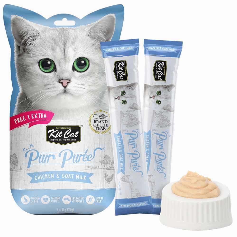 4 FOR $14 : Kit Cat Purr Puree Chicken & Goat Milk Liquid Cat Treats 5x15g