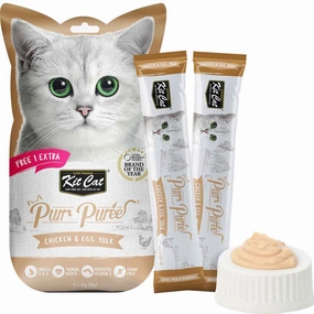 4 FOR $14: Kit Cat Purr Puree Chicken & Egg Yolk Liquid Cat Treats 5x15g