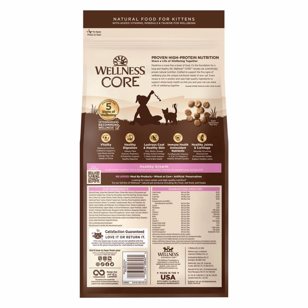 '20% OFF(Exp 9Dec25)  FREE CANNED FOOD': Wellness CORE Kitten Deboned Turkey, Turkey Meal & Deboned Chicken Grain-Free Dry Cat Food 5l