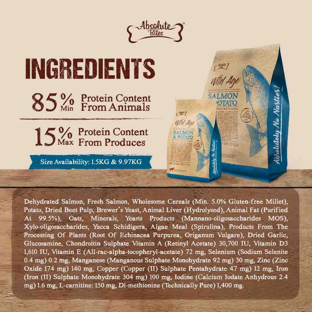 '35% OFF 3.3lb(Exp 5Nov25) FREE TREATS': Absolute Bites Wild Age Salmon & Potato Complete Dry Dog Food