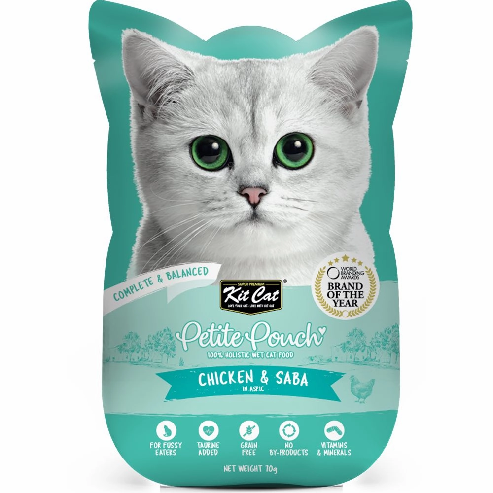 '35% OFF (Exp 28Sep25)': Kit Cat Petite Pouch Chicken & Saba In Aspic Grain-Free Pouch Cat Food 70g x 12