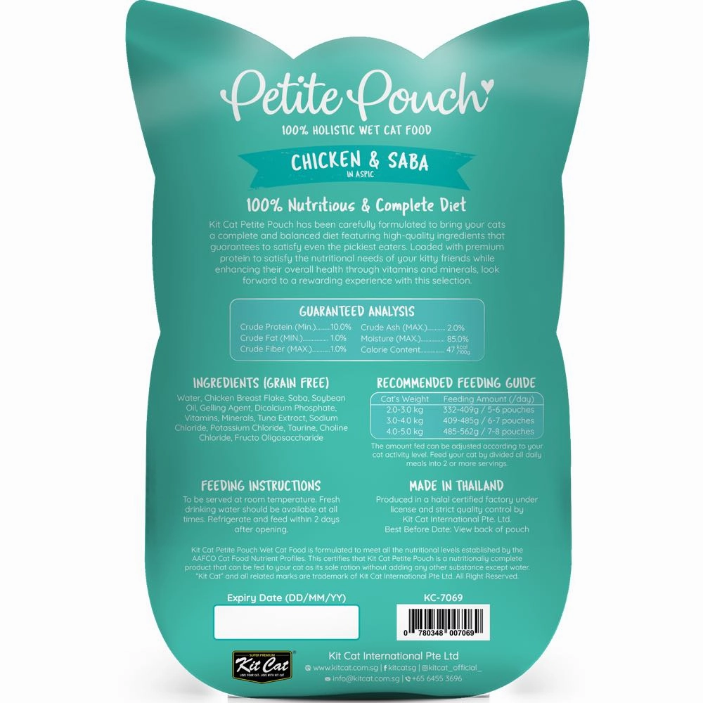 '35% OFF (Exp 28Sep25)': Kit Cat Petite Pouch Chicken & Saba In Aspic Grain-Free Pouch Cat Food 70g x 12