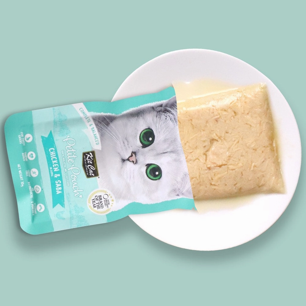 '35% OFF (Exp 28Sep25)': Kit Cat Petite Pouch Chicken & Saba In Aspic Grain-Free Pouch Cat Food 70g x 12