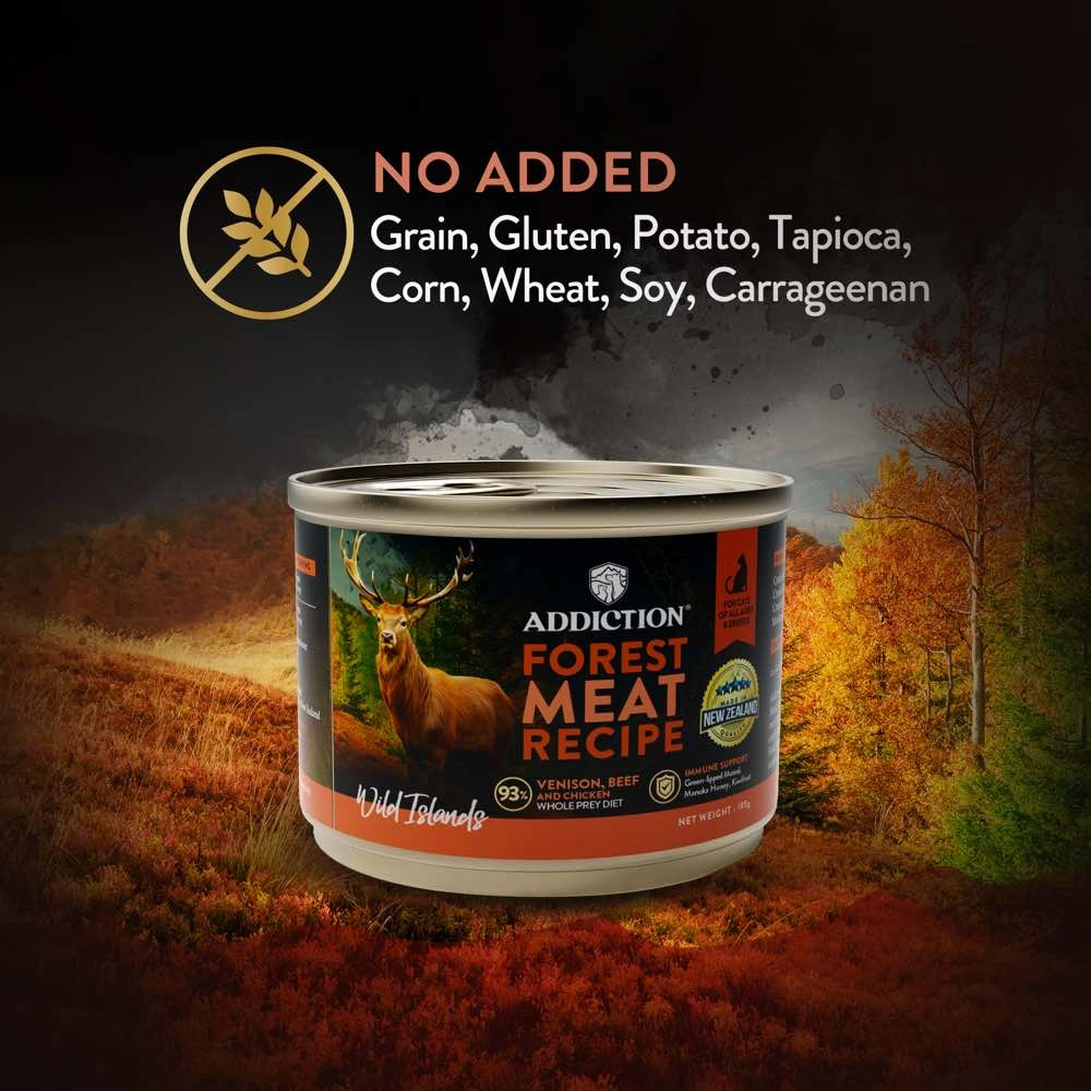 '60% OFF (Exp 7Aug25)': Addiction Wild Islands Forest Meat Venison, Beef & Chicken Grain-Free Canned Cat Food 185g