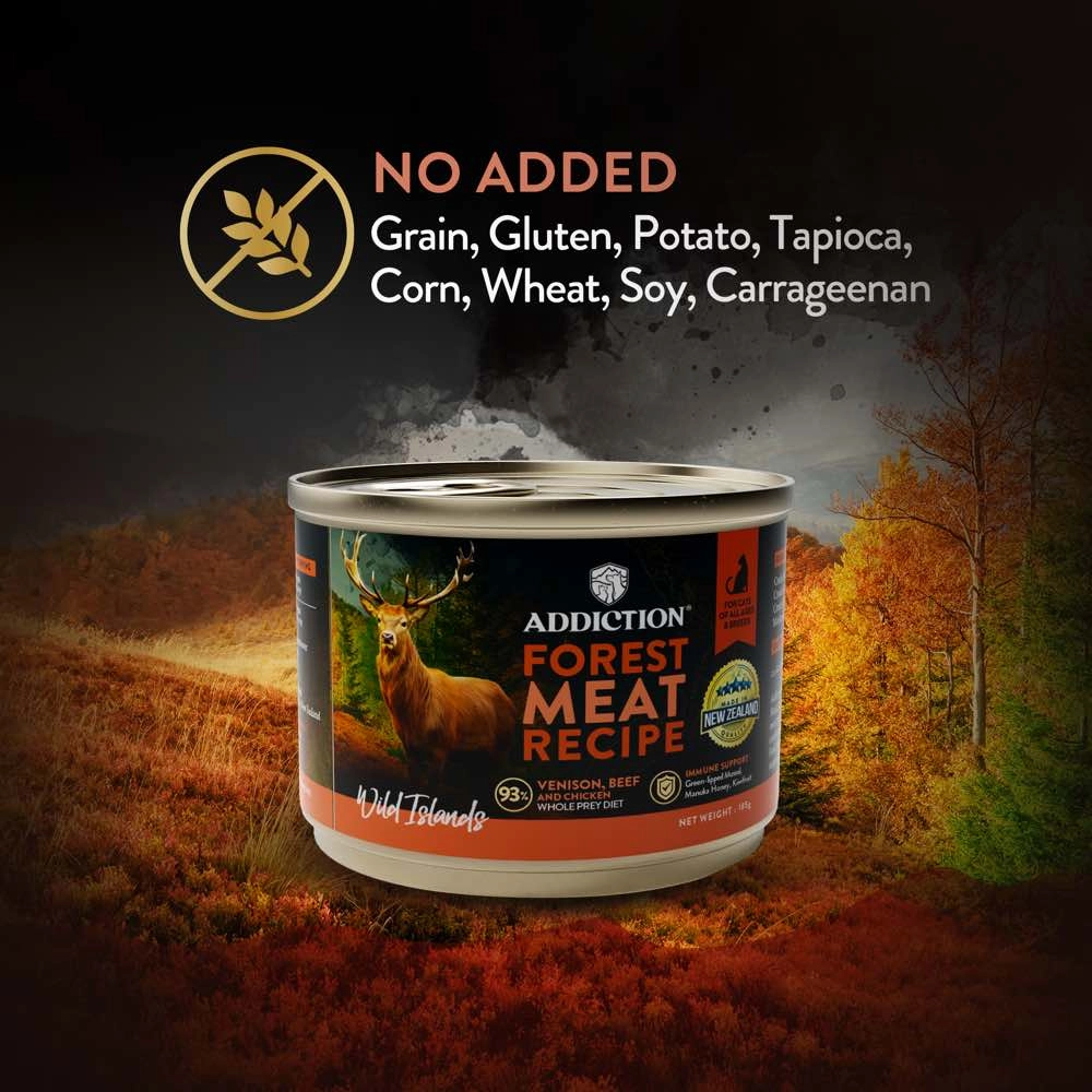 '60% OFF (Exp 7Aug25)': Addiction Wild Islands Forest Meat Venison, Beef & Chicken Grain-Free Canned Cat Food 185g