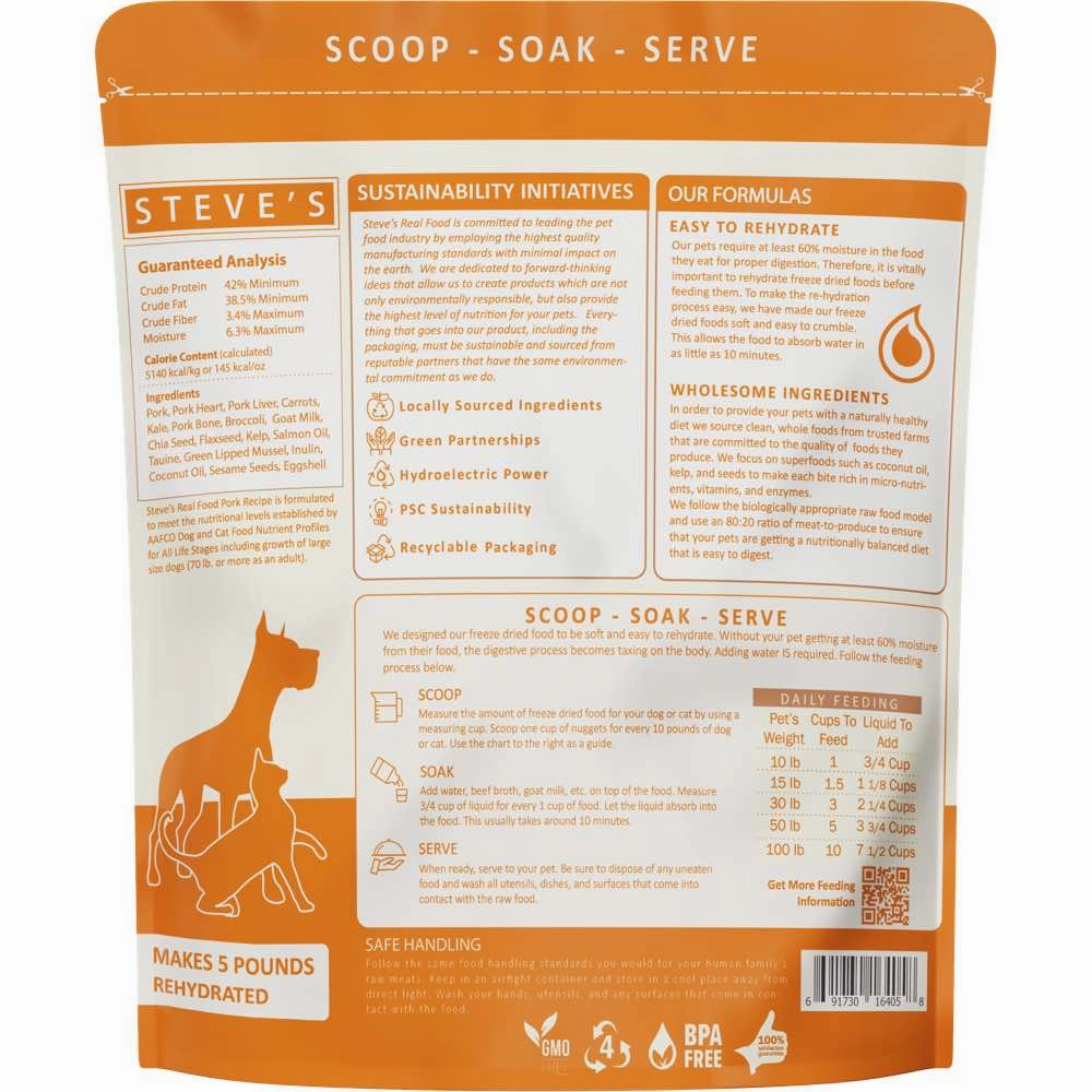 'BUNDLE DEAL FREE FD TREATS': Steve's Real Food Pork Grain-Free Freeze-Dried Raw Food For Cats & Dogs 20oz