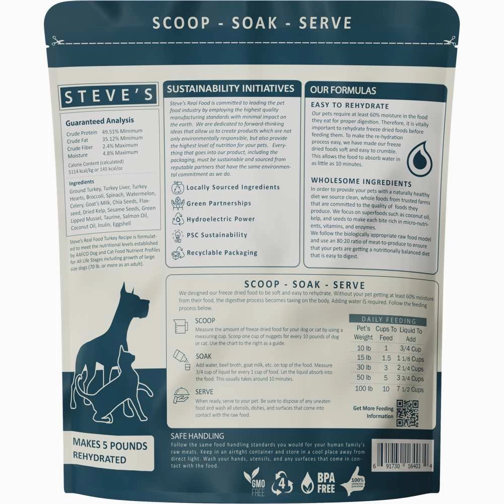'BUNDLE DEAL FREE FD TREATS': Steve's Real Food Turkey Grain-Free Freeze-Dried Raw Food For Cats & Dogs 20oz
