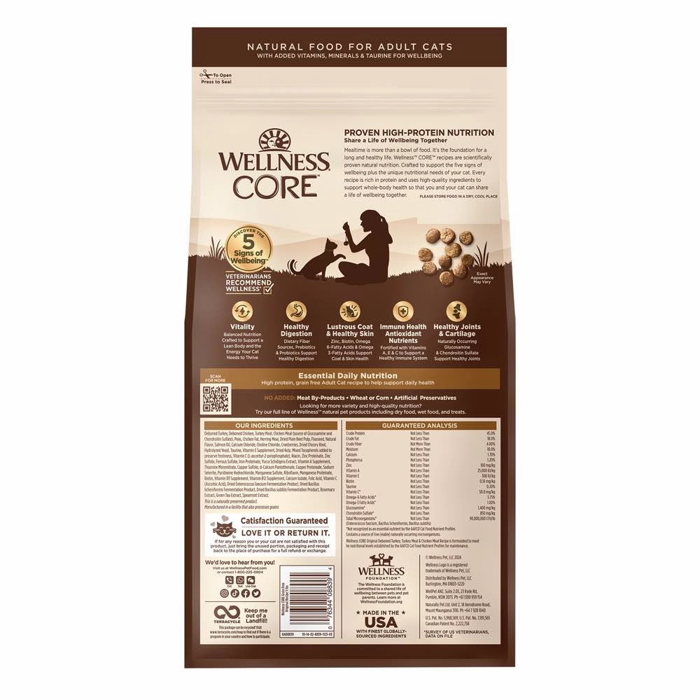 'FREE TREATS': Wellness CORE Original Deboned Turkey, Turkey Meal & Chicken Meal Grain-Free Adult Dry Cat Food