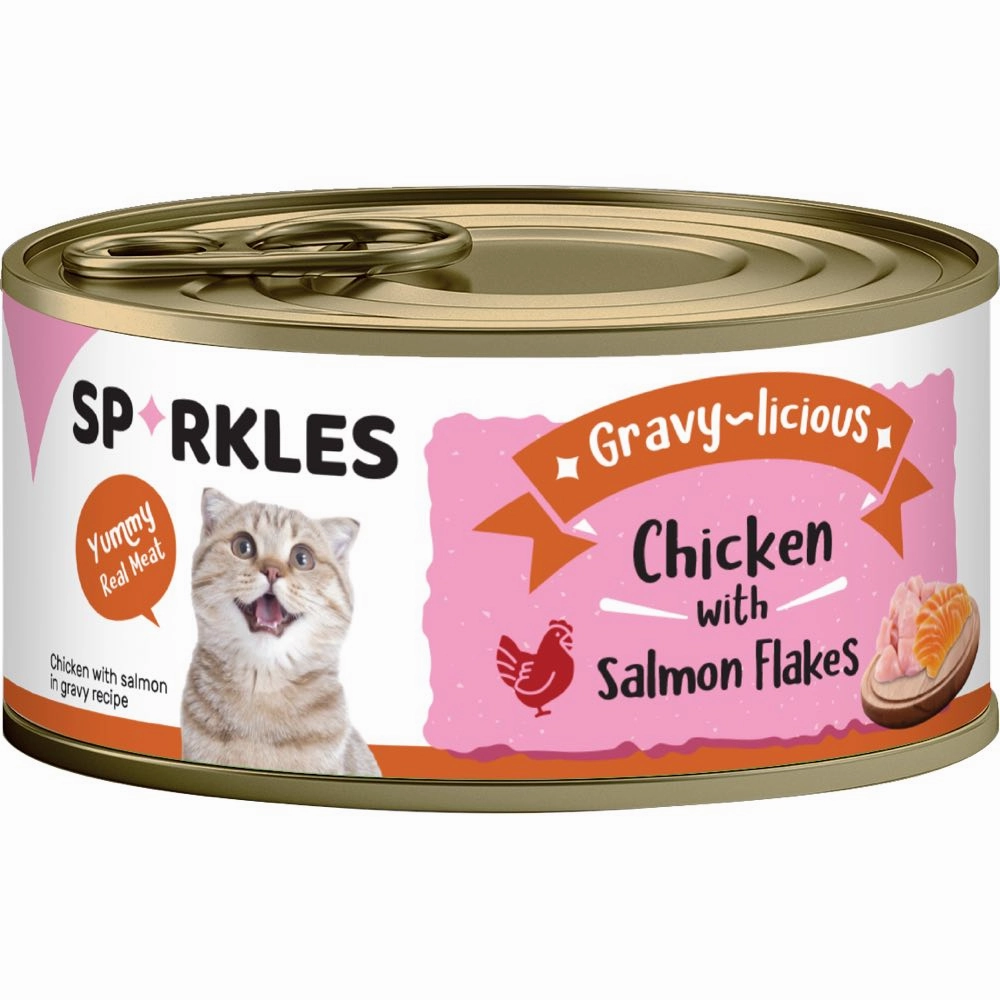 'FREE TREATS w 24cans': Sparkles Gravy-licious Chicken With Salmon Flakes Canned Cat Food 80g x 24