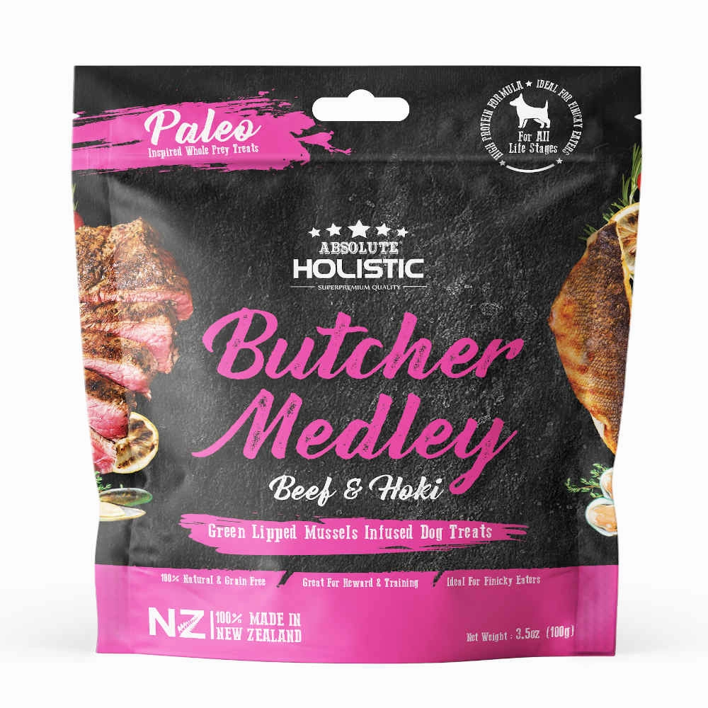 Absolute Holistic Air Dried Butcher Medley Beef & Hoki Dog Treats 100g