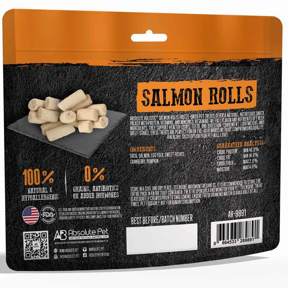 Absolute Holistic Salmon Rolls Freeze Dried Raw Treats for Cats & Dogs 60g