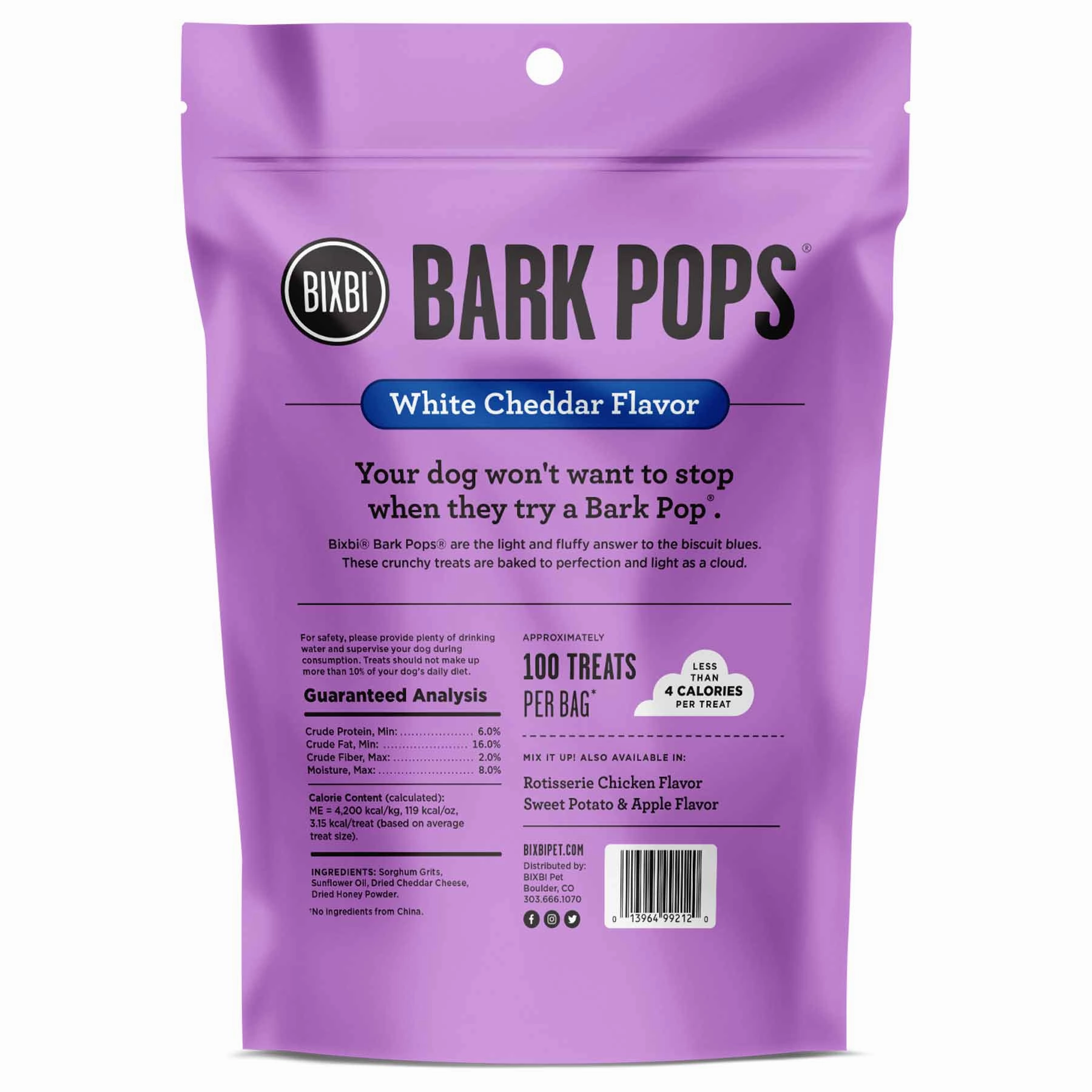 Bixbi Bark Pops White Cheddar Flavour Light & Crunchy Training Dog Treats 4oz
