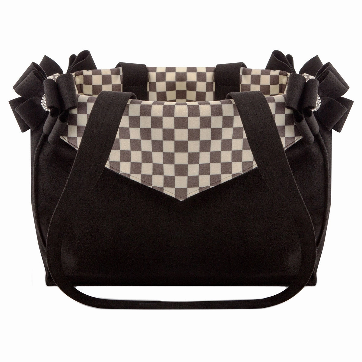 Black Double Nouveau Bow Luxury Dog Carrier with Windsor Check Flaps