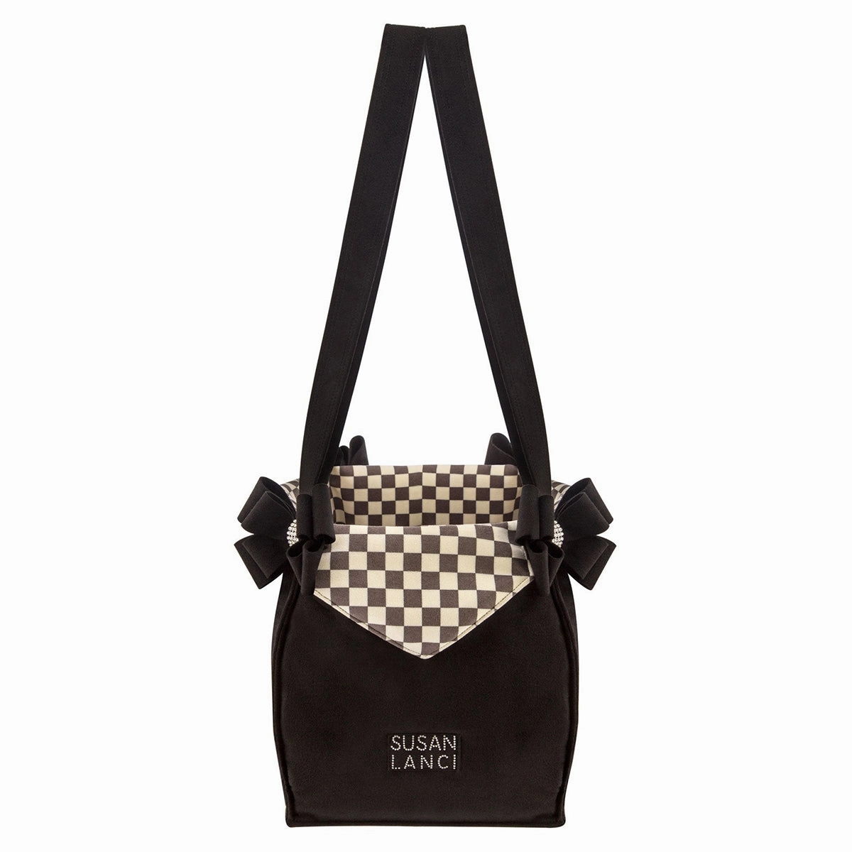 Black Double Nouveau Bow Luxury Dog Carrier with Windsor Check Flaps