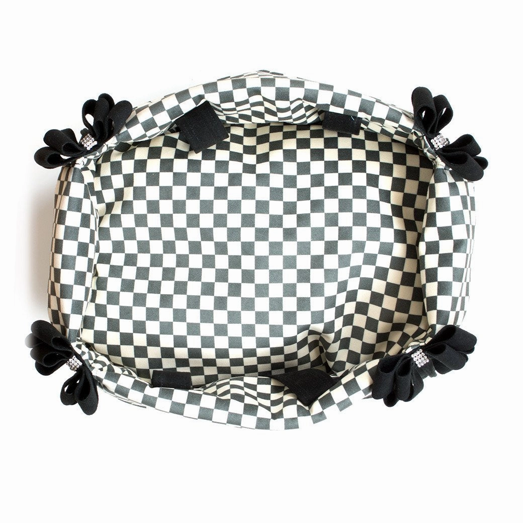 Black Double Nouveau Bow Luxury Dog Carrier with Windsor Check Flaps