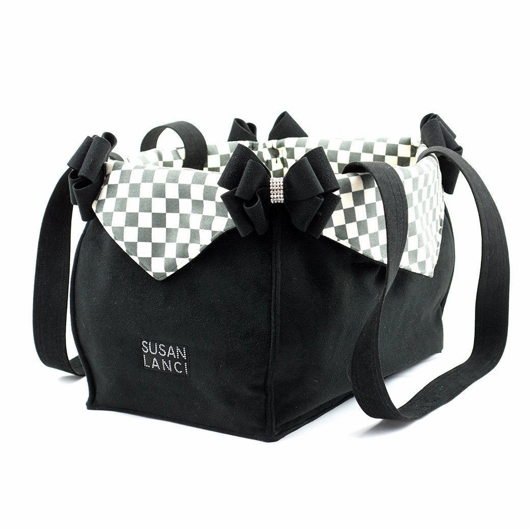 Black Double Nouveau Bow Luxury Dog Carrier with Windsor Check Flaps