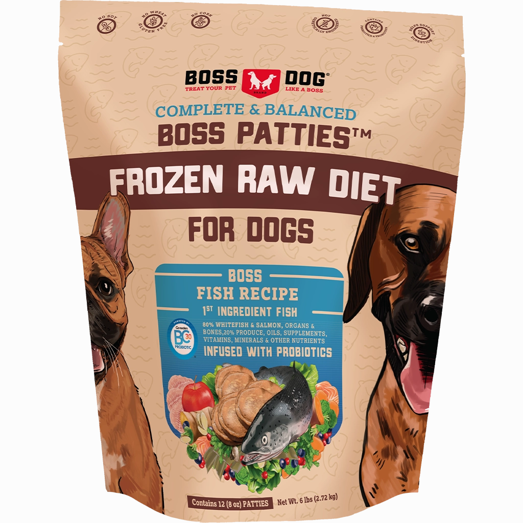 Boss Dog Frozen Complete Raw Fish 8oz. Patties 6lb Bag *Special Order Only*