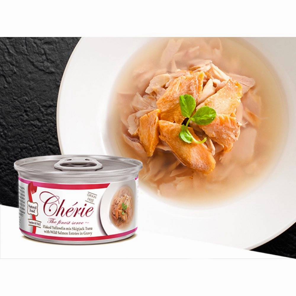 Cherie Flaked Yellowfin Mix Skipjack Tuna With Wild Salmon Entres In Gravy Canned Cat Food 80g