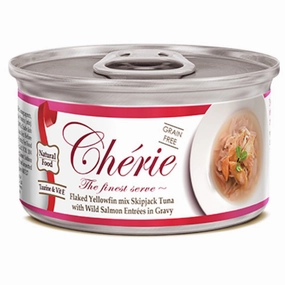 Cherie Flaked Yellowfin Mix Skipjack Tuna With Wild Salmon Entres In Gravy Canned Cat Food 80g