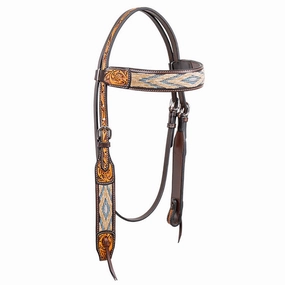 Cody Pro Blue & Beige Inlay Browband Headstall with Floral Tooling