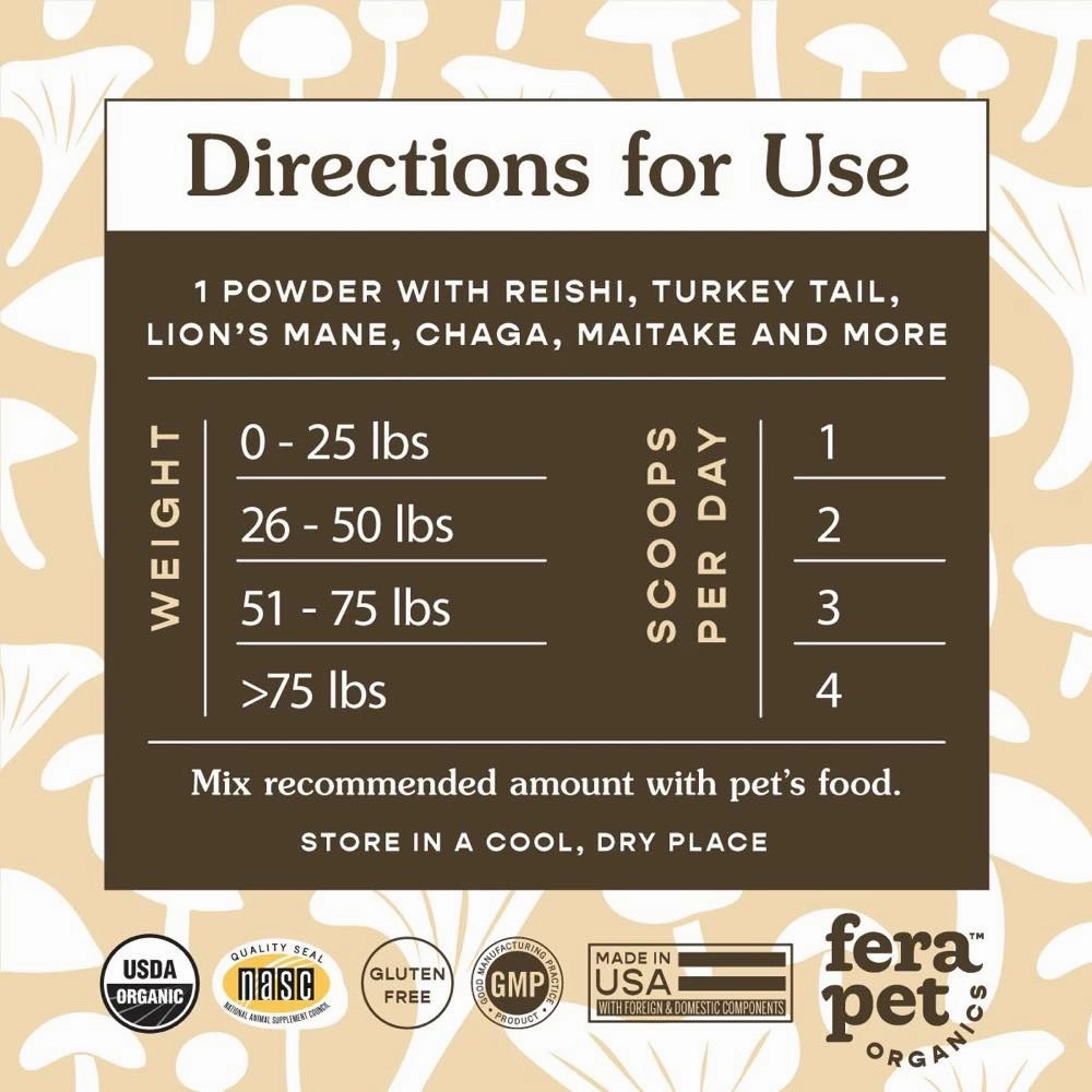 Fera Pets Organic Mushrooms Immune Support Supplement Powder For Cats & Dogs 2.12oz
