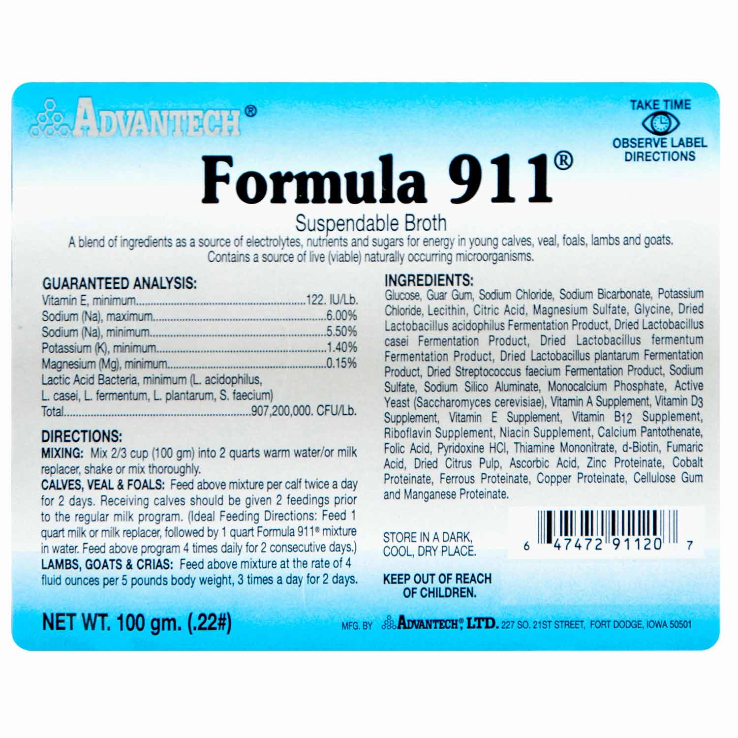 Formula 911  Suspendable Broth (100 gram pk) Oral Rehydration Powder for Livestock