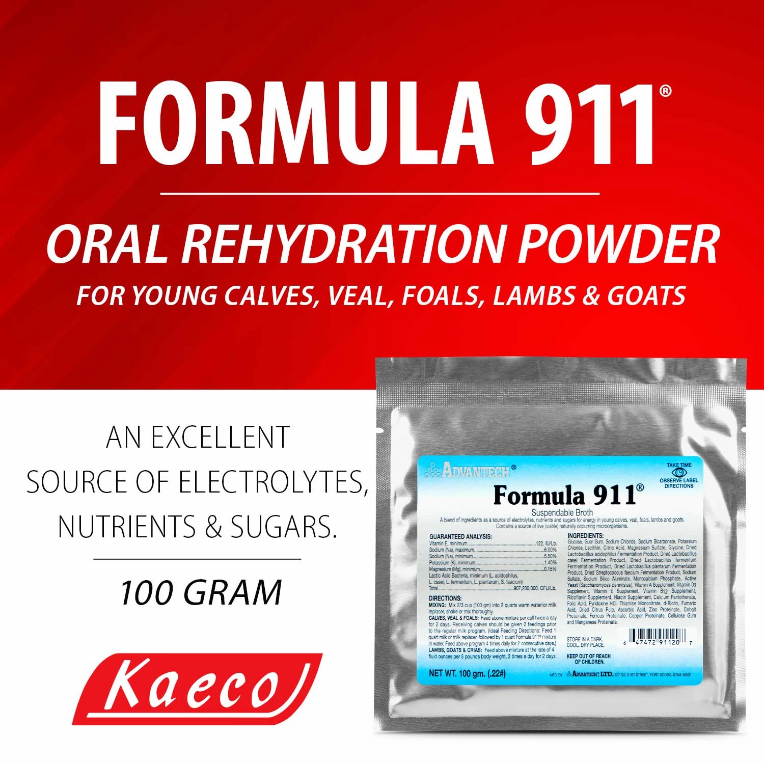 Formula 911  Suspendable Broth (100 gram pk) Oral Rehydration Powder for Livestock