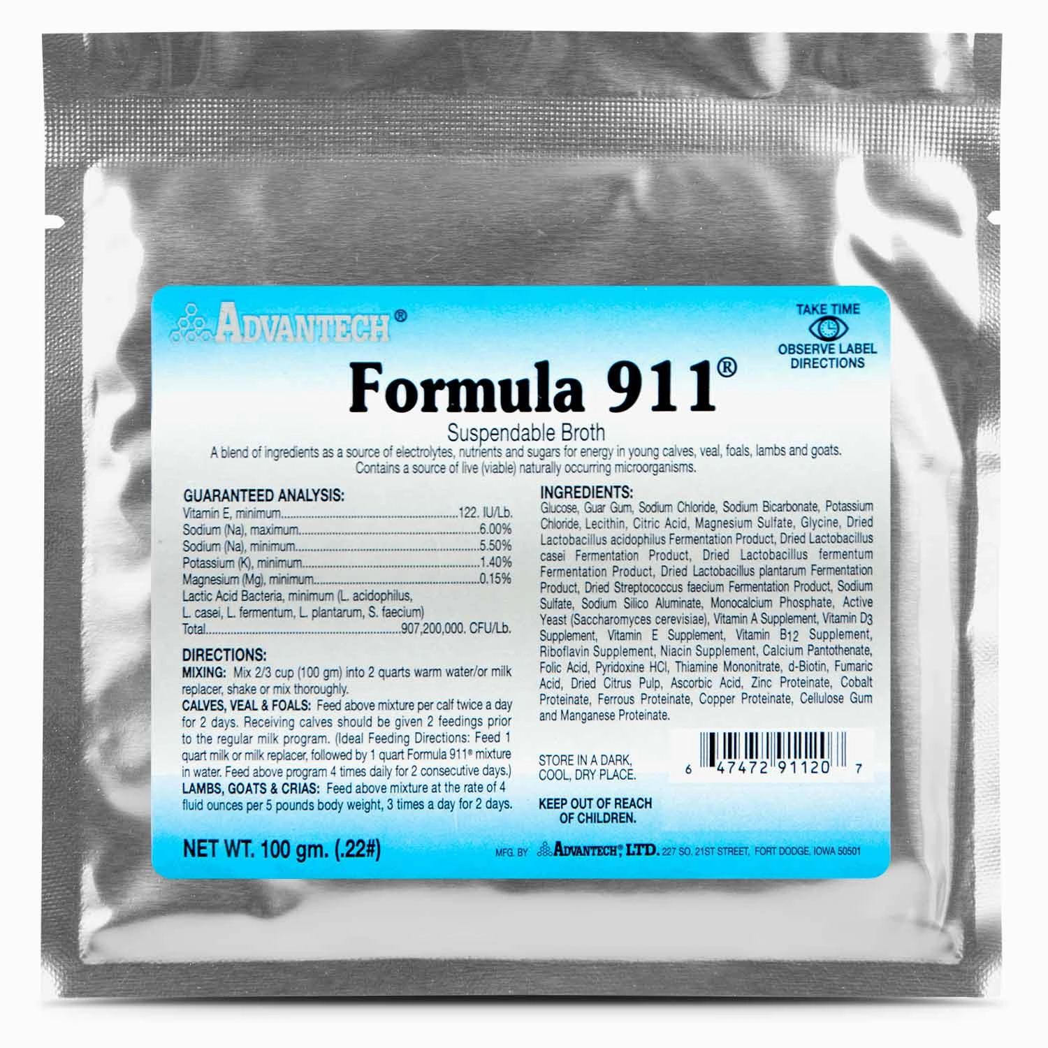 Formula 911  Suspendable Broth (100 gram pk) Oral Rehydration Powder for Livestock