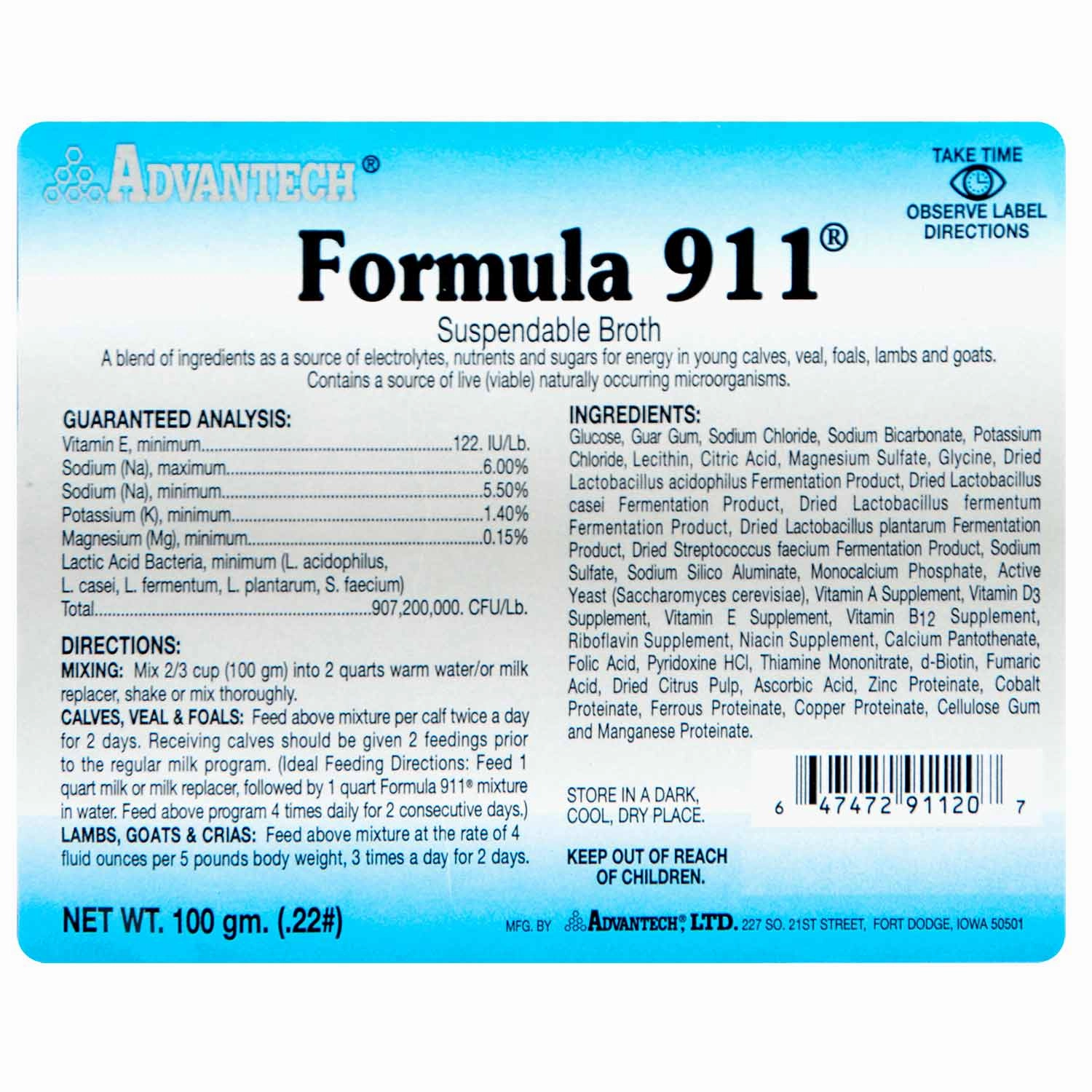 Formula 911  Suspendable Broth (100 gram pk) Oral Rehydration Powder for Livestock