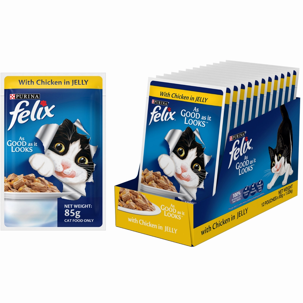 Friskies Surfin Cat Dry Food and Purina Felix Chicken with Jelly Adult Cat Wet Food Combo